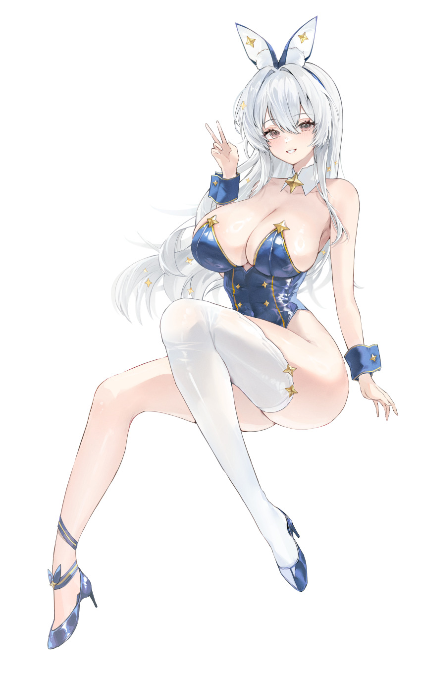 1girl absurdres animal_ears bare_shoulders blue_leotard blue_shoes breasts brown_eyes cleavage commission covered_navel detached_collar fake_animal_ears full_body gold_trim grin gurami_(zangizarang) hand_up high_heels highleg highleg_leotard highres invisible_chair large_breasts leotard long_hair looking_at_viewer original playboy_bunny rabbit_ears shoes single_bare_leg single_thighhigh sitting smile solo strapless strapless_leotard thighhighs thighs v white_hair white_thighhighs wrist_cuffs
