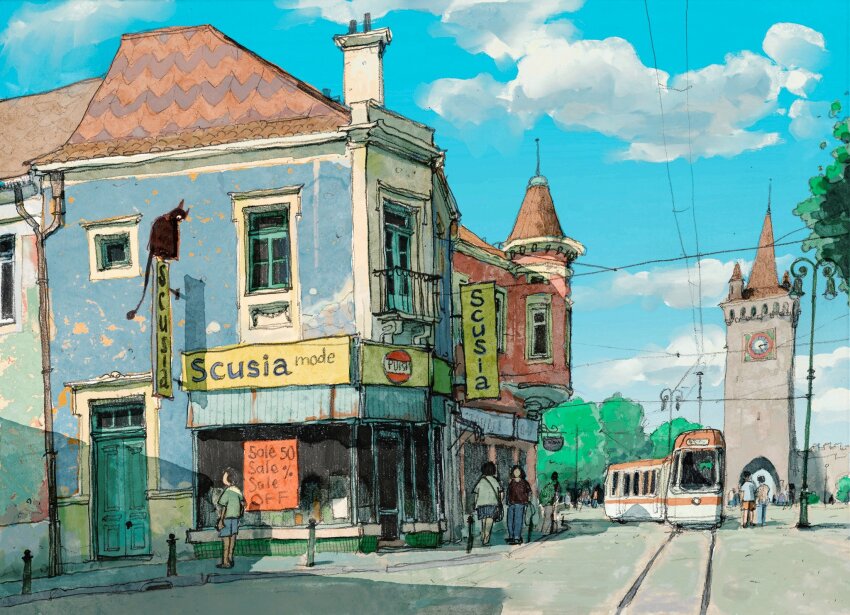 alariko blue_sky building chimney clock clock_tower cloud cloudy_sky highres lamppost original overhead_line people power_lines railroad_tracks road shadow shop sign sky streetcar sunlight tower