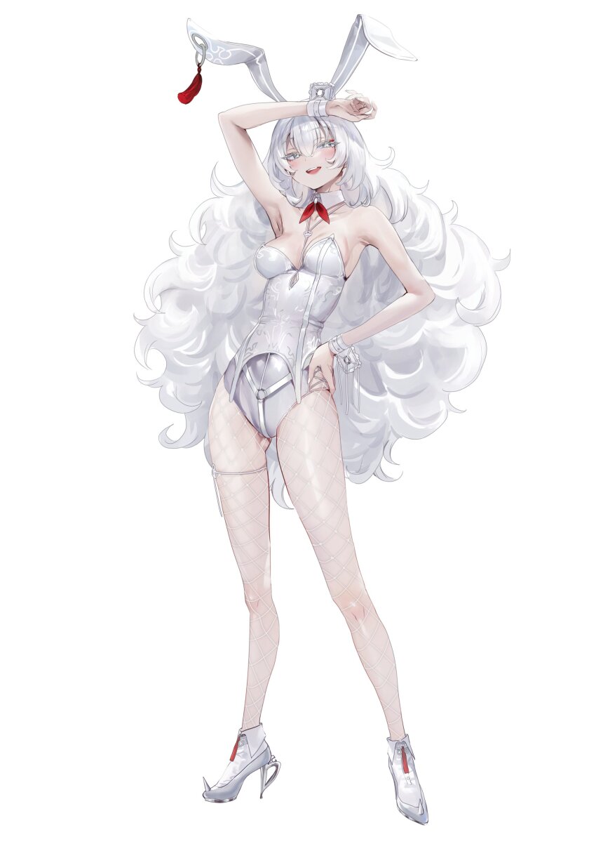 1girl absurdres artist_request blush breasts character_request detached_collar hand_on_own_hip high_heels highres leotard open_mouth playboy_bunny second-party_source shibou_yuugi_de_meshi_o_kuu simple_background solo wavy_hair white_background white_hair wrist_cuffs