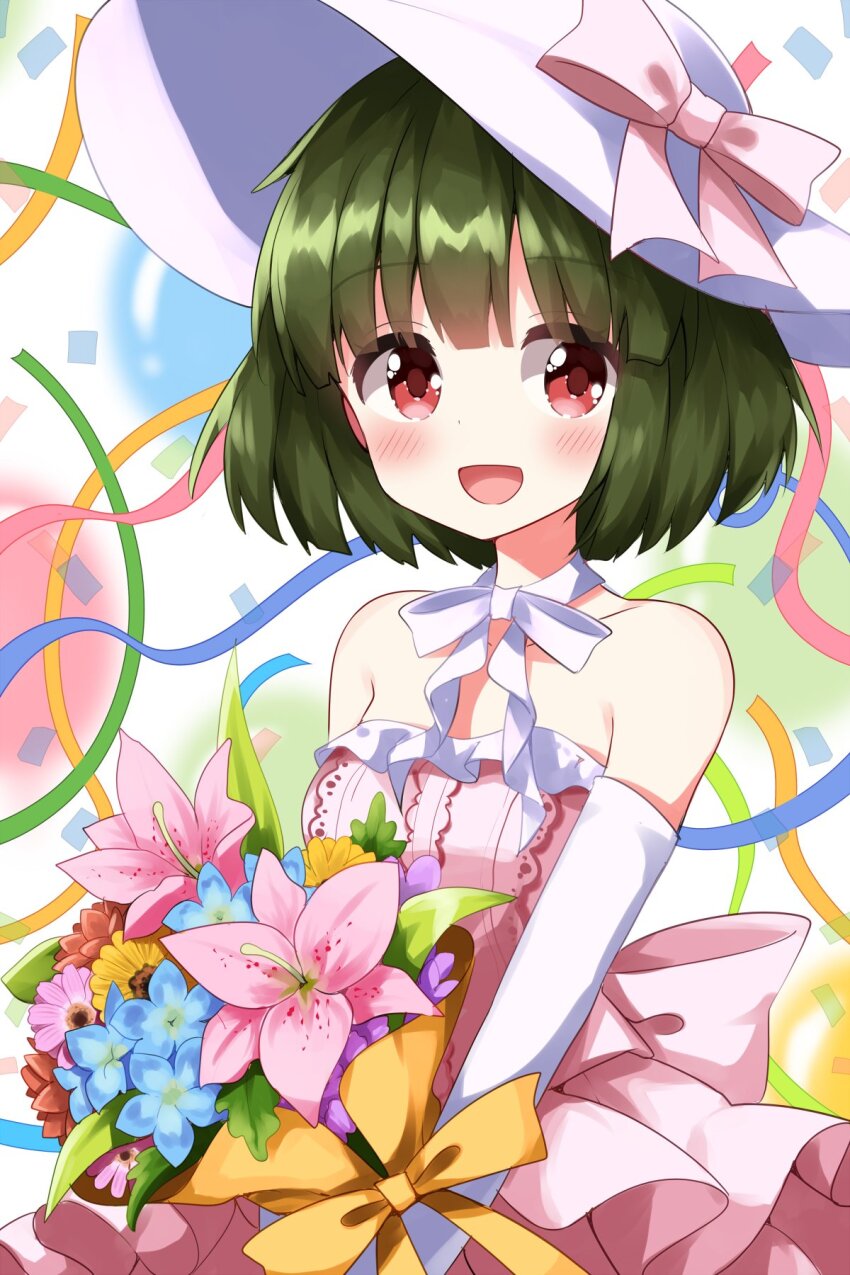 1girl :d bare_shoulders blunt_bangs blunt_ends blurry blurry_background blush bouquet bow breasts choker commentary_request confetti dress elbow_gloves flower gloves green_hair hat hat_bow highres holding holding_bouquet kin-iro_mosaic looking_at_viewer oomiya_shinobu open_mouth pink_bow pink_dress red_eyes ribbon ribbon_choker ruu_(tksymkw) short_hair small_breasts smile solo strapless strapless_dress upper_body white_choker white_gloves white_hat yellow_ribbon