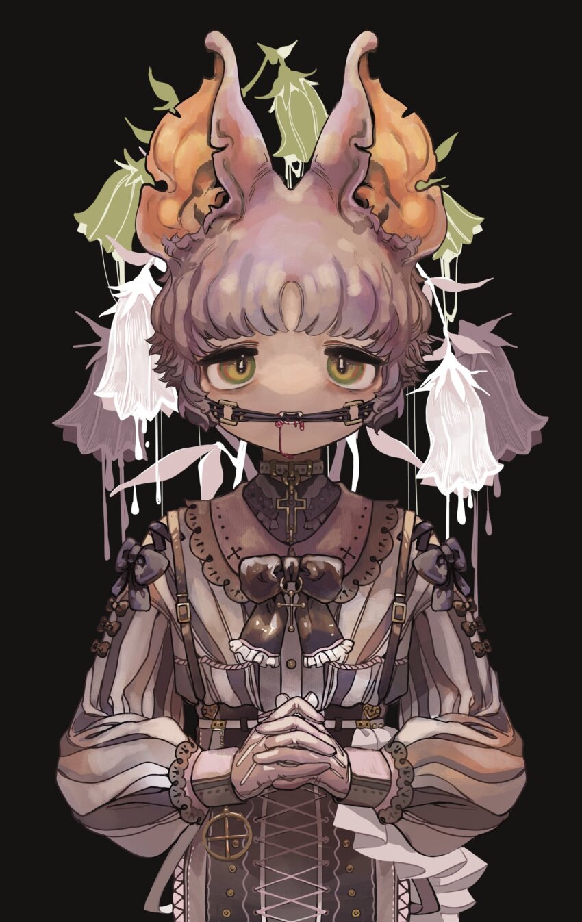1boy androgynous animal_ears bat_boy bat_ears bit_gag black_background blood blood_from_mouth brown_hair brown_shirt collar commentary_request fangs flower gag green_eyes highres long_sleeves male_focus open_mouth original own_hands_clasped own_hands_together puffy_long_sleeves puffy_sleeves purple_hair shima_(wansyon144) shirt short_hair simple_background solo upper_body vampire