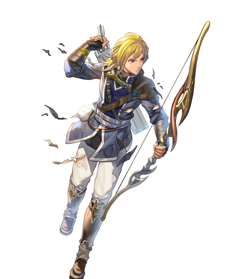 1boy black_gloves blonde_hair blue_eyes bow_(weapon) damaged fingerless_gloves fire_emblem fire_emblem:_radiant_dawn fire_emblem_heroes gloves highres leonardo_(fire_emblem) male_focus medium_hair nintendo non-web_source official_art quiver solo torn_clothes weapon