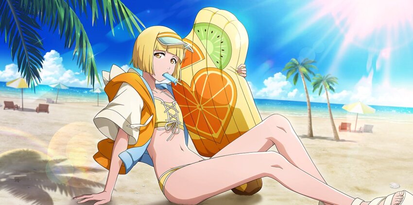 1girl beach beach_chair beach_umbrella bikini bleach bleach:_brave_souls bleach:_sennen_kessen-hen blonde_hair blue_sky buoy cropped_jacket female_focus flat_chest food holding liltotto_lamperd medium_hair ocean official_art palm_leaf palm_tree popsicle quincy_(bleach) sand sandles sky sternritter sun sunlight swimsuit tree umbrella visor_cap yellow_eyes