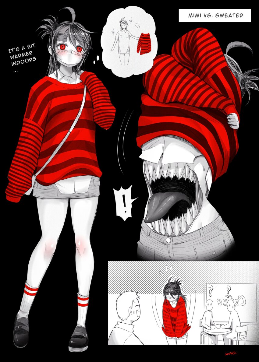 ! 1boy 1girl 2others ? absurdres antenna_hair bag black_background blush chair clothes_lift commentary english_commentary english_text extra_mouth flying_sweatdrops full_body half_updo highres kivo lifting_own_clothes mask mimi_(kivo) monster_girl mouth_mask multiple_others original red_eyes red_sweater sharp_teeth shoes shoulder_bag simple_background skirt socks speech_bubble spoken_exclamation_mark spot_color stomach_mouth striped_clothes striped_sweater sweater sweater_lift table teeth thought_bubble tongue tongue_out undressing white_socks