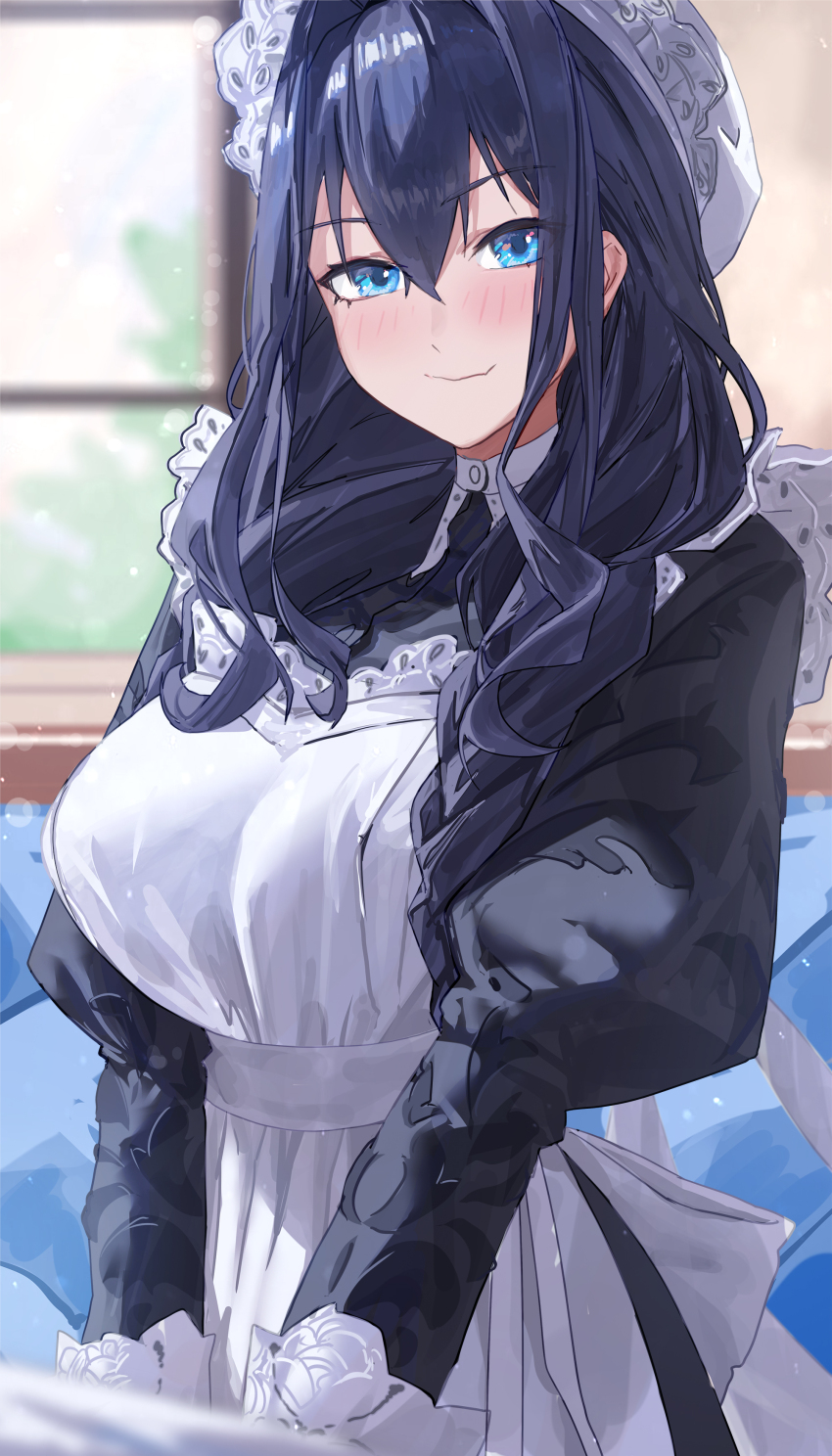 1girl absurdres apron black_bonnet black_dress black_hair blue_eyes bonnet braid breasts closed_mouth commentary double-parted_bangs dress english_commentary fang fanged_bangs frilled_apron frilled_hat frills hair_between_eyes hair_intakes hair_over_shoulder hat highres hololive hololive_english indoors juliet_sleeves large_breasts long_hair long_sleeves looking_at_viewer low_twin_braids low_twintails maid maid_apron messy_hair mob_cap official_alternate_costume official_alternate_hairstyle ouro_kronii ouro_kronii_(maid) puffy_sleeves skin_fang smile solo twin_braids twintails v_arms victorian_maid virtual_youtuber white_apron white_hat wrist_cuffs yoellim5