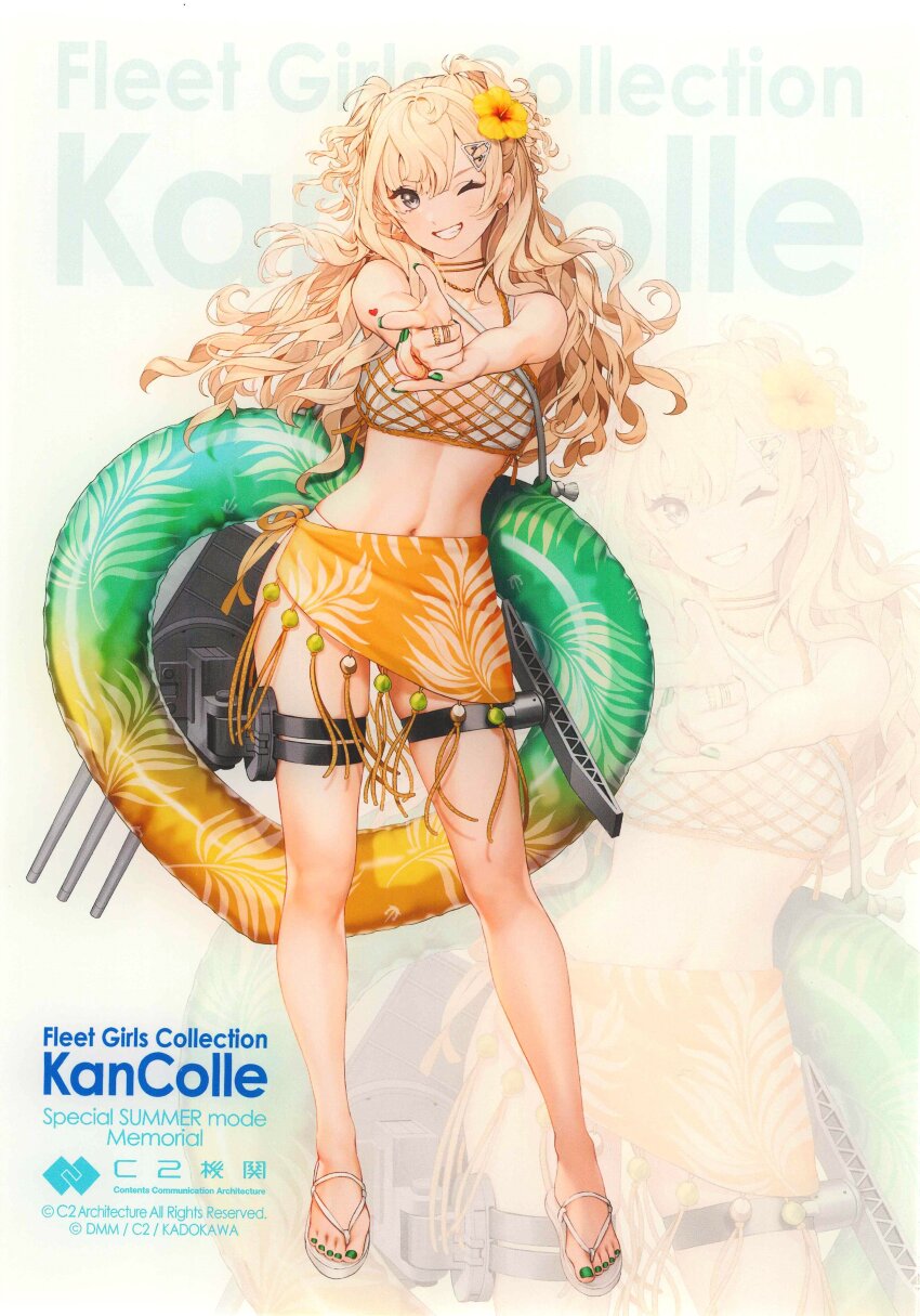 1girl absurdres bikini blonde_hair breasts cleavage commentary_request english_text finger_gun flip-flops flower full_body grey_eyes grin hair_flower hair_ornament highres hoshiakari_(c2_kikan) innertube kantai_collection large_breasts long_hair looking_at_viewer mesh minneapolis_(kancolle) minneapolis_(swimsuit)_(kancolle) multiple_views navel official_alternate_costume official_art one_eye_closed orange_sarong pointing pointing_at_viewer rigging sandals sarong smile solo swim_ring swimsuit third-party_source two_side_up white_bikini white_sandals