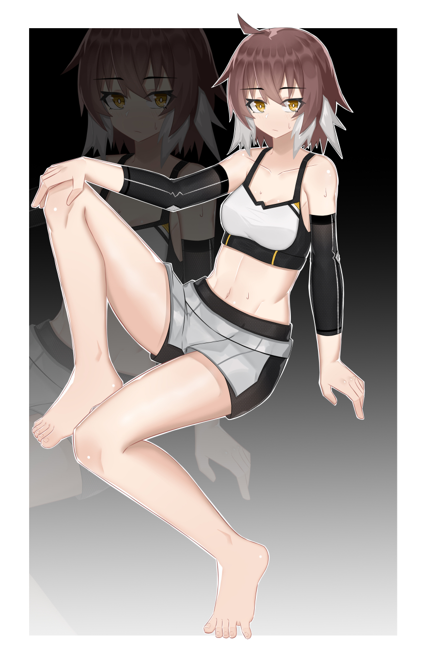 1girl absurdres ahoge arknights bare_legs bare_shoulders bird_girl blush bright_pupils brown_hair compression_sleeve feather_hair feet hair_between_eyes highres legs looking_at_viewer midriff multicolored_hair muusn navel plume_(arknights) plume_(easy_time)_(arknights) short_hair solo sports_bra sweatdrop toes two-tone_hair white_hair white_pupils white_sports_bra yellow_eyes zoom_layer