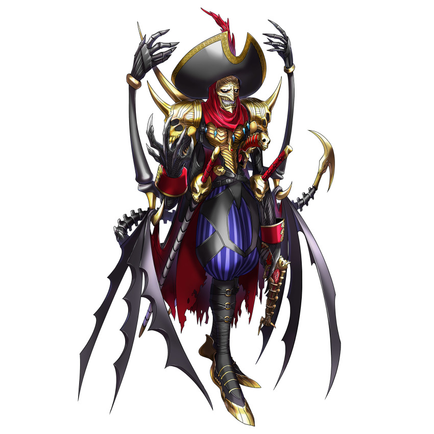 1boy absurdres bandai claws demon demon_wings digimon digimon_(creature) digimon_world_-next_0rder- extra_arms full_body gun handgun hat highres holding holding_weapon looking_at_viewer official_art pirate_hat red_eyes simple_background sword voltobautamon weapon wings