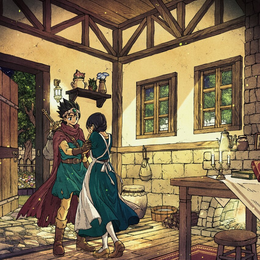 1boy 1girl apron basin belt black_hair blue_dress blue_flower blue_tunic book boots braid brick_wall brown_belt brown_boots brown_gloves brown_shoes circlet cloak closed_mouth cobblestone crying dragon_quest dragon_quest_iii dress fire fireplace flower full_body gloves hair_between_eyes hair_over_shoulder hands_on_own_face hero&#039;s_mother_(dq3) highres indoors jar kettle lantern long_dress mother_and_son red_cloak roto_(dq3) shoes short_hair short_sleeves single_braid smile socks stool sword table tablecloth toriga tunic vase weapon weapon_on_back white_apron white_socks window wooden_floor