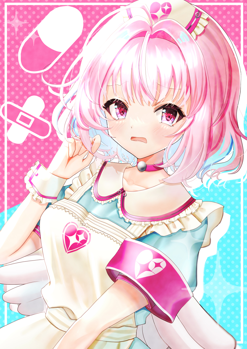 1girl absurdres angel_wings apron armband blue_background blue_dress blue_hair blush breasts choker collarbone commentary dot_nose dress fake_wings frilled_apron frills hair_intakes hand_up hat heart heart_print highres idolmaster idolmaster_cinderella_girls idolmaster_cinderella_girls_starlight_stage looking_at_viewer mirai_(mirai2498) multicolored_hair nurse_cap official_alternate_costume open_mouth pill_background pink_background pink_eyes pink_hair polka_dot polka_dot_background puffy_short_sleeves puffy_sleeves short_sleeves solo sparkle_print two-tone_hair upper_body white_apron wings wrist_cuffs yumemi_riamu