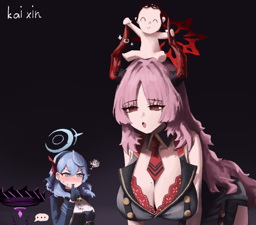 ... 1boy 3girls @_@ ^_^ absurdres ahoge ako_(blue_archive) artist_name bare_shoulders bell bent_over black_background blue_archive blue_eyes blue_hair blue_halo blush bra bra_peek breasts cleavage clipboard closed_eyes coin coin_on_string collarbone cowbell crescent_halo demon_horns detached_collar doodle_sensei_(blue_archive) earrings envy forehead gradient_background hair_intakes hair_ornament hair_over_shoulder half-closed_eyes halo headband highres hina_(blue_archive) holding holding_clipboard holding_pendulum holed_coin horn_grab horns hypnosis jewelry kai_xin lace lace_bra lapels large_breasts long_hair long_sleeves looking_at_another medium_hair mind_control mini_person mole mole_on_breast multicolored_horns multiple_girls neck_bell necktie on_head open_mouth out_of_frame parted_bangs pendulum pink_hair purple_halo purple_horns red_bra red_halo red_horns red_necktie satsuki_(blue_archive) sensei_(blue_archive) shirt short_necktie sideboob sitting sitting_on_head sitting_on_person sleeveless sleeveless_shirt smile spoken_ellipsis squiggle stud_earrings sweat tongue tongue_out two-tone_horns underwear v-shaped_eyebrows