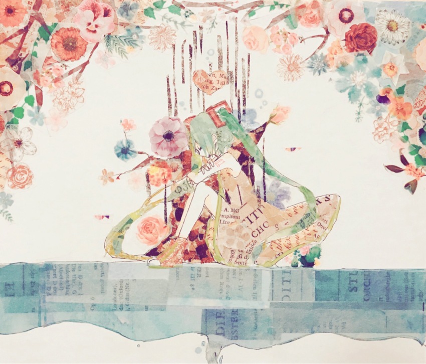 1girl abstract aqua_hair bare_arms bare_legs bare_shoulders bubbles_(shallows_o0) closed_eyes commentary_request crossed_arms dress elbows_on_knees flower from_side full_body gradient_hair hair_ornament hatsune_miku heart high_tops highres knees_up long_hair masking_tape_(medium) mixed_media multicolored_hair orange_dress orange_hair orange_shoes profile shoes shoulder_tattoo sidelocks sitting sitting_on_water sleeveless sleeveless_dress sneakers solo tattoo traditional_media unconventional_media very_long_hair vocaloid water