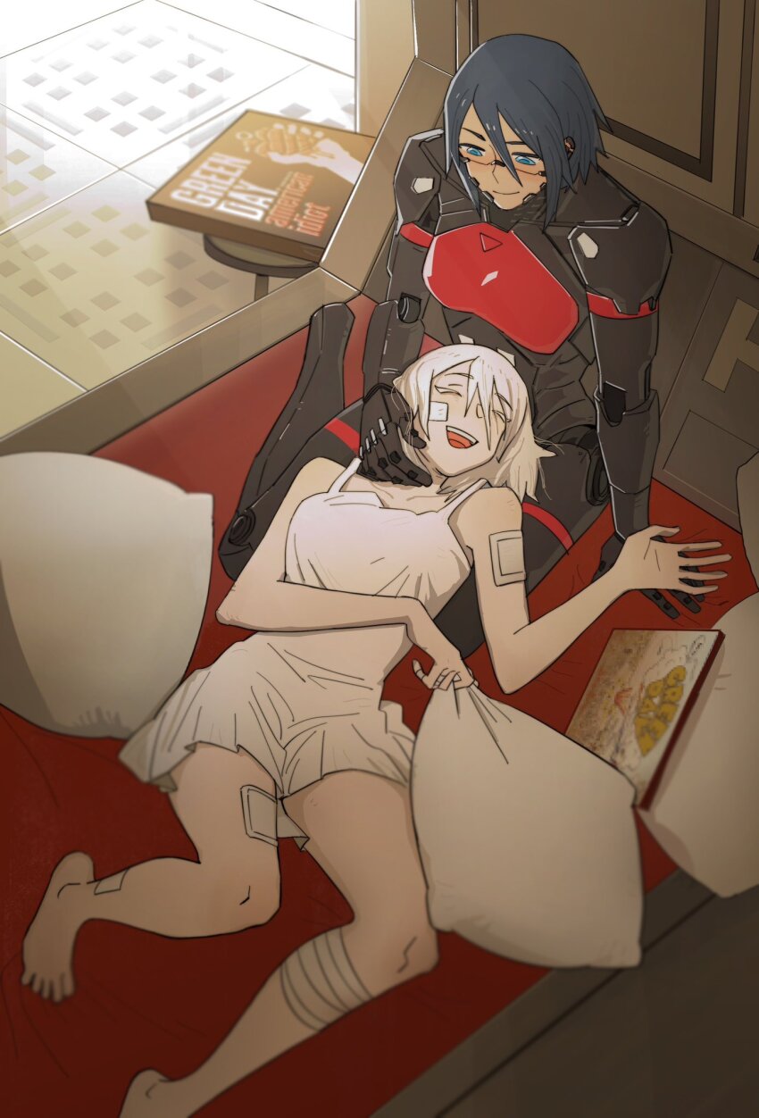 2girls american_idiot android ariane_yeong bandage_on_face bandage_on_leg bandages barefoot black_hair blue_eyes closed_eyes closed_mouth commentary dress elster_(signalis) faye_roland hand_on_another&#039;s_face hashtag-only_commentary highres indoors lap_pillow multiple_girls on_bed open_mouth pillow short_hair signalis smile toes white_dress white_hair yuri