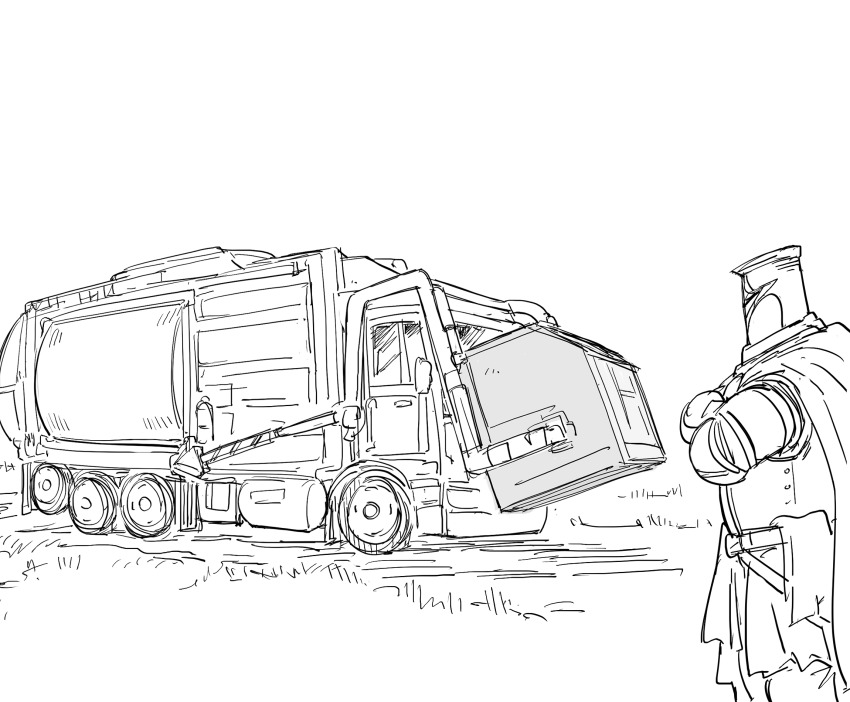 1boy armor bad_id bb_(baalbuddy) breastplate cape commentary dumpster english_commentary garbage_truck greyscale helmet highres inactive_account monochrome motor_vehicle original simple_background truck white_background