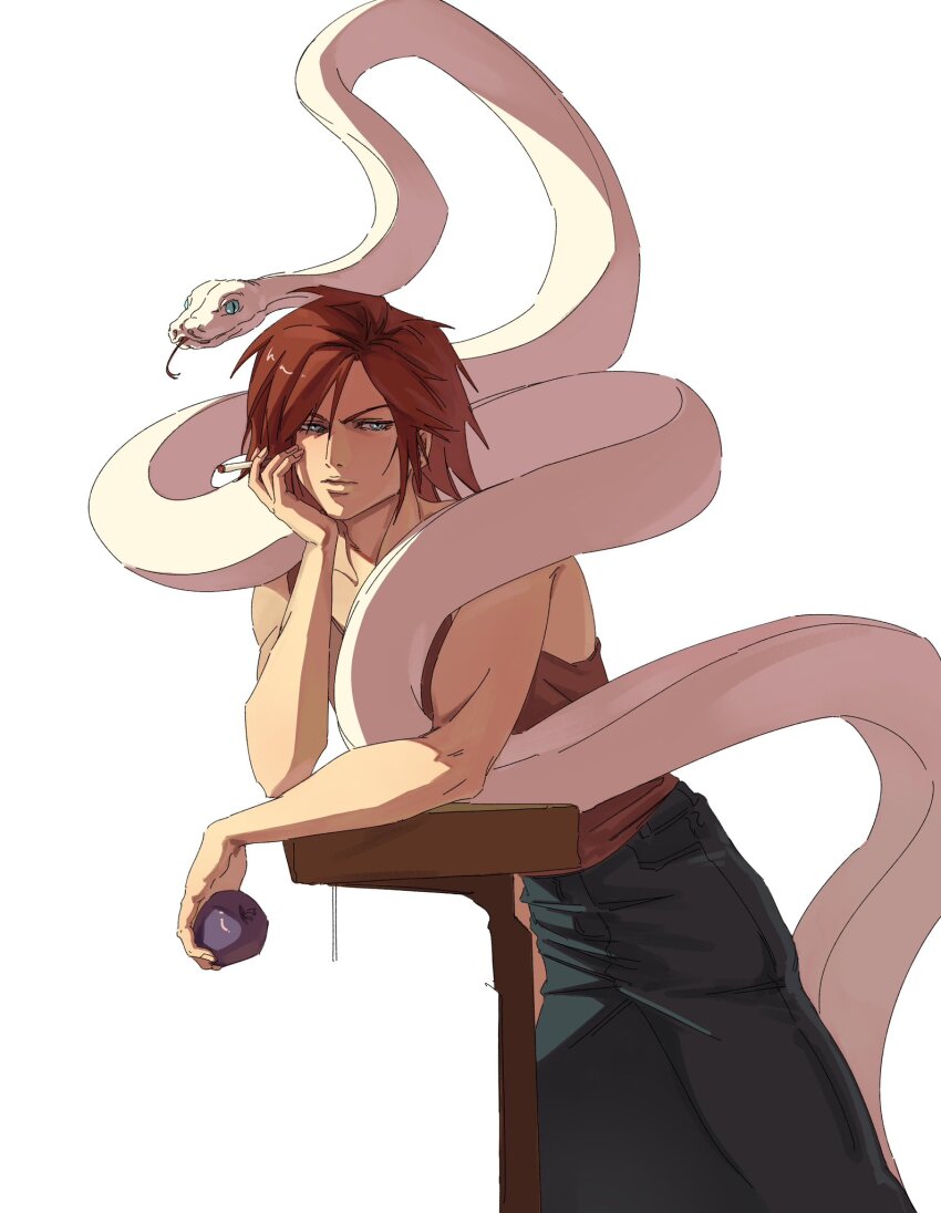 1boy animalization apple aqua_eyes bare_arms bare_shoulders black_pants brown_hair brown_tank_top cigarette cow crisis_core_final_fantasy_vii final_fantasy final_fantasy_vii food fruit furrowed_brow genesis_rhapsodos hair_between_eyes head_on_hand highres holding holding_cigarette holding_food holding_fruit leaning_forward male_focus medium_hair pants sephiroth smoking snake tank_top tongue tongue_out white_background white_snake xiojio293506