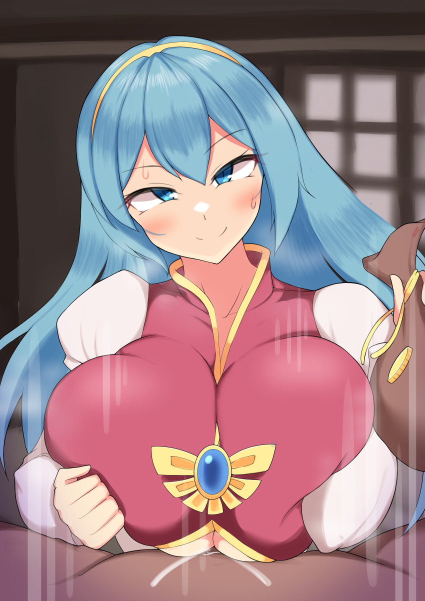 1boy 1girl absurdres blue_eyes blue_hair blush breasts breasts_squeezed_together breath clothed_paizuri coins dress estpolis_denki eye_contact gem hairband hetero highres holding jewelry large_breasts long_hair looking_at_another looking_at_viewer lufia merchant money money_bag motion_lines naughty_face okera_mushi paizuri paizuri_under_clothes pov puffy_sleeves smile smug steam sweat tia_(estpolis_denki)