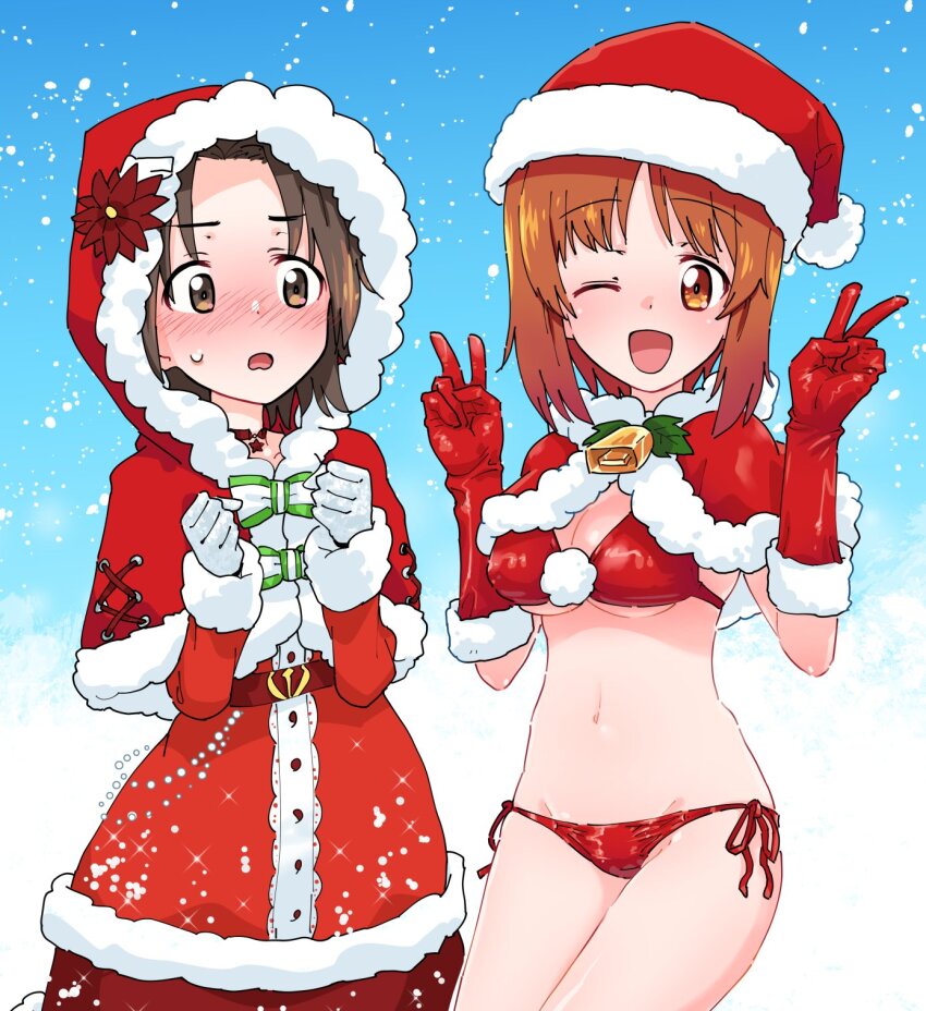 2girls bell bikini blush breasts brown_eyes brown_hair christmas cleavage double_v girls_und_panzer girls_und_panzer_senshadou_daisakusen! gloves hat highres hood hoodie large_breasts looking_at_viewer monolith_(suibou_souko) multiple_girls navel neck_bell nishizumi_miho one_eye_closed open_mouth outdoors red_bikini red_gloves santa_bikini santa_costume santa_hat sawa_azusa short_hair side-tie_bikini_bottom smile snowing swimsuit v white_gloves