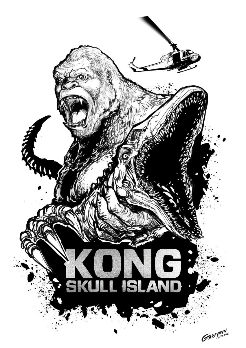 aircraft ape bell_helicopter garayann giant giant_monster gorilla helicopter highres kaiju king_kong king_kong_(series) kong:_skull_island legendary_pictures monochrome monster monsterverse sketch skullcrawler uh-1_iroquois utility_helicopter