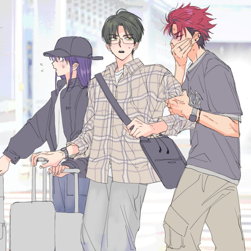 3boys akatsuki_(ensemble_stars!) alternate_costume bag baseball_cap black_hair black_hat black_jacket black_shirt bracelet cargo_pants casual closed_mouth collared_shirt covering_own_mouth curtained_hair denim earrings ensemble_stars! flying_sweatdrops furrowed_brow glasses grabbing_another&#039;s_arm green_eyes green_hair grey_pants grey_shirt hair_down hasumi_keito hat highres jacket jeans jewelry kanzaki_souma kiryu_kuro long_sleeves looking_at_another male_focus multicolored_hair multiple_boys multiple_earrings open_mouth pants parted_bangs photo_background plaid_clothes plaid_shirt profile purple_eyes purple_hair rectangular_eyewear red_hair ring rolling_suitcase shirt shirt_under_shirt short_hair shoulder_bag sick streaked_hair suitcase sweatdrop t-shirt teeth upper_teeth_only v-shaped_eyebrows watch white_shirt wristwatch