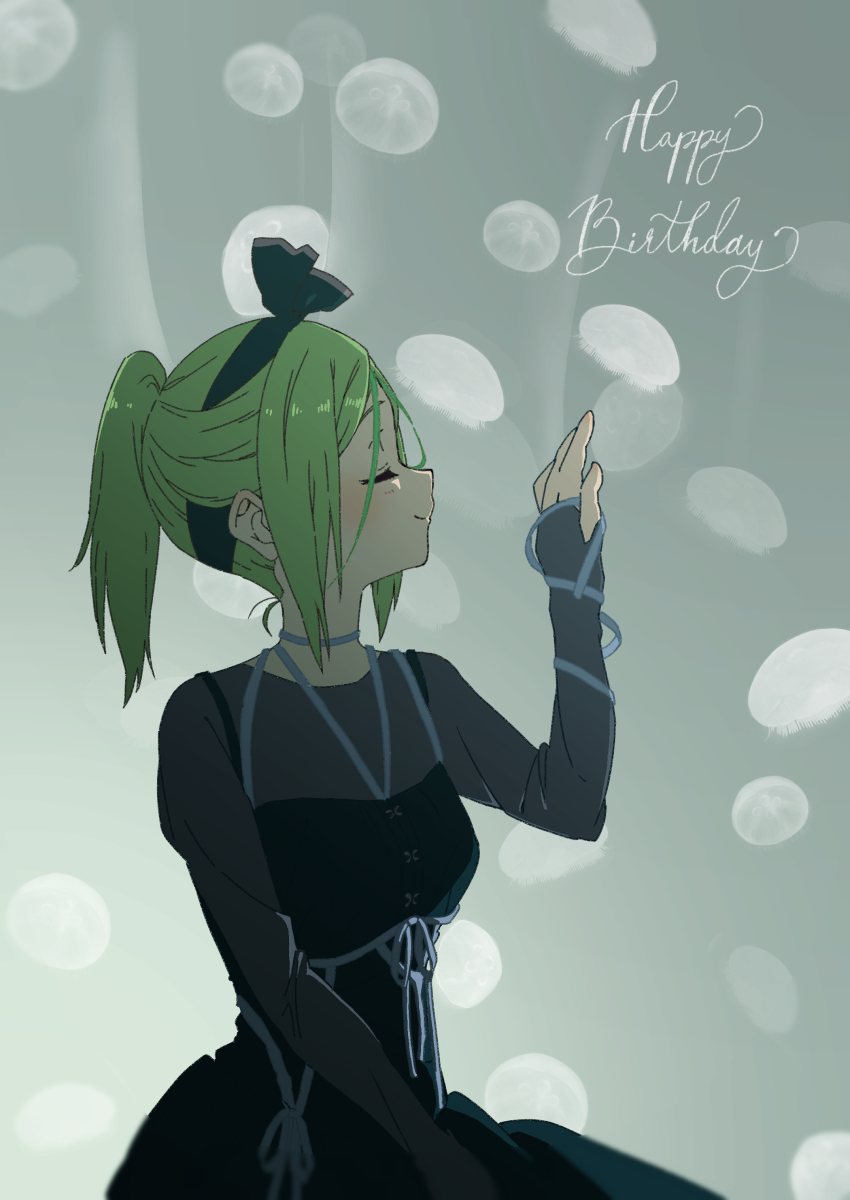 1girl 22/7 absurdres arm_up ato_de_wakaru_koto black_dress bow bow_hairband closed_eyes closed_mouth dress green_background green_bow green_hair green_hairband hair_bow hairband half_updo happy_birthday high_ponytail highres kiryu_touko long_sleeves parted_bangs ponytail see-through_clothes see-through_dress sitting solo tanpaku_(oqu_2)