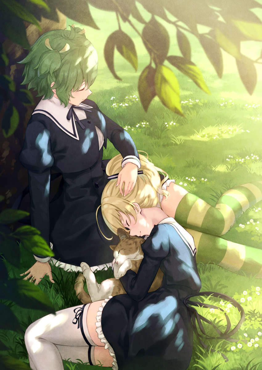 2girls against_tree ahoge andou_tazusa animal animal_hug antenna_hair arm_at_side assault_lily black_ribbon black_skirt blonde_hair blurry blurry_foreground cat closed_eyes closed_mouth commentary cropped_jacket dappled_sunlight day feet_out_of_frame flower frilled_skirt frills grass green_hair green_thighhighs hair_between_eyes hair_ribbon hand_on_another&#039;s_head hand_up high-waist_skirt high_ponytail highres juliet_sleeves knees_together_feet_apart lap_pillow leg_ribbon legs_together long_sleeves lying miniskirt multicolored_thighhighs multiple_girls neck_ribbon nuenue on_grass on_ground on_side outdoors ponytail profile puffy_sleeves ribbon school_uniform shirt short_hair sitting skirt smile striped_clothes striped_ribbon striped_thighhighs sunlight thigh_ribbon thighhighs tree tree_shade two_side_up white_flower white_shirt white_thighhighs yellow_ribbon yellow_thighhighs yoshimura_thi_mai yuri yurigaoka_girls_academy_school_uniform zettai_ryouiki