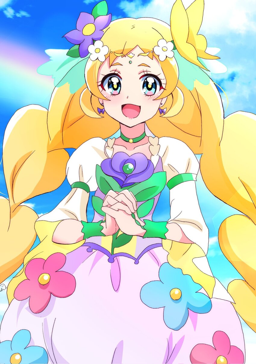 1girl :d alternate_color blonde_hair blue_eyes blue_sky blush bow bow_earrings braid bubble_skirt choker circlet cloud cloudy_sky collarbone commentary cosplay cowboy_shot cure_felice cure_felice_(cosplay) cure_friendy dress dress_flower earrings flower green_choker hair_flower hair_ornament highres interlocked_fingers inukai_iroha jewelry long_hair looking_at_viewer magical_girl mahou_girls_precure! momotarouooi multicolored_dress multicolored_eyes open_mouth own_hands_clasped own_hands_together precure puffy_short_sleeves puffy_sleeves purple_skirt rainbow short_sleeves skirt sky smile solo standing twin_braids very_long_hair white_dress wide_sleeves wonderful_precure! wrist_cuffs yellow_pupils