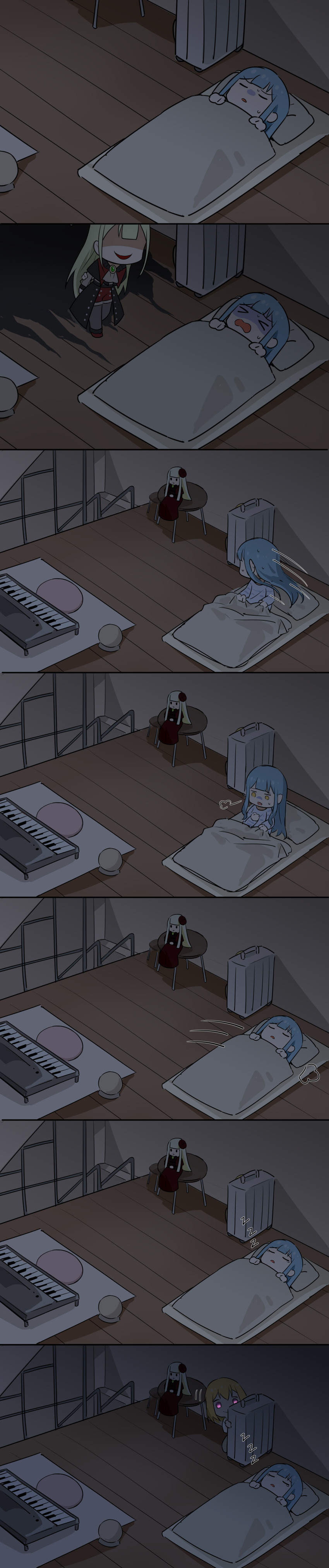 &gt;_&lt; 3girls absurdres arms_behind_back ascot bang_dream! bang_dream!_it&#039;s_mygo!!!!! black_capelet black_pantyhose black_skirt blonde_hair capelet closed_eyes commentary dated_commentary doll futon glowing glowing_eyes green_hair hiding highres holding_own_arm incredibly_absurdres instrument keyboard_(instrument) long_image lying medium_hair misumi_uika mortis_(bang_dream!) mortis_(costume)_(bang_dream!) mortis_(persona)_(bang_dream!) multiple_girls nervous_sweating on_back open_mouth pantyhose puff_of_air red_shorts rolling_suitcase shorts sitting skirt sleeping suitcase sweat tall_image togawa_sakiko under_covers wakaba_mutsumi white_ascot yellow_eyes yzj21333