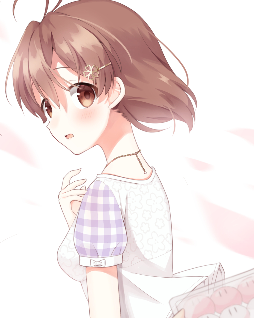 1girl alternate_costume antenna_hair blush brown_eyes brown_hair casual clannad commentary dango_daikazoku floating_hair from_side furukawa_nagisa hair_between_eyes hair_ornament hairclip hand_up haruchimo highres jewelry looking_at_viewer necklace open_mouth shirt short_hair short_sleeves simple_background solo surprised upper_body white_background white_day white_shirt