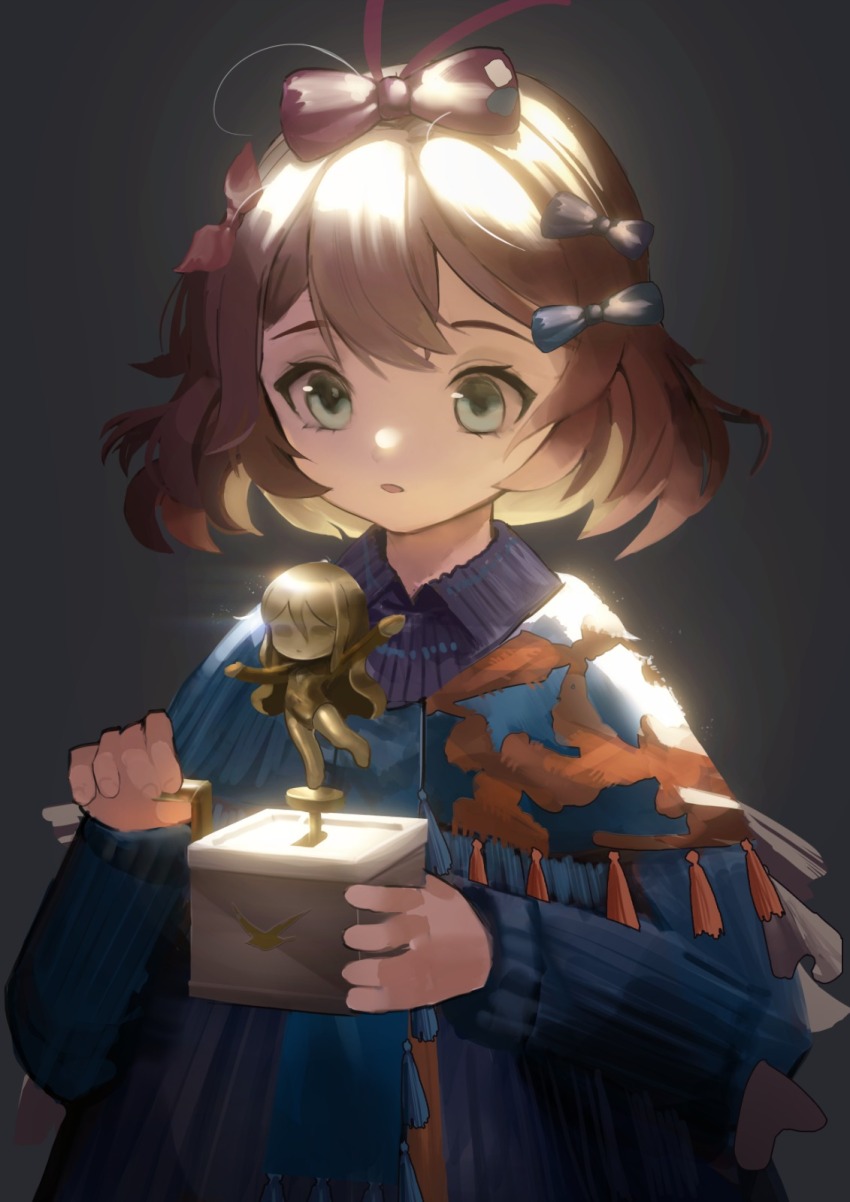 1girl :o ahoge akisa_(akisa1996) aqua_eyes backlighting black_background blue_bow blue_dress blue_scarf bow brown_hair character_doll collared_dress doll dress flutterpage hair_bow highres holding looking_at_object multiple_hair_bows music_box orange_scarf purple_bow reverse:1999 scarf short_hair solo two-tone_scarf upper_body willow_(reverse:1999)