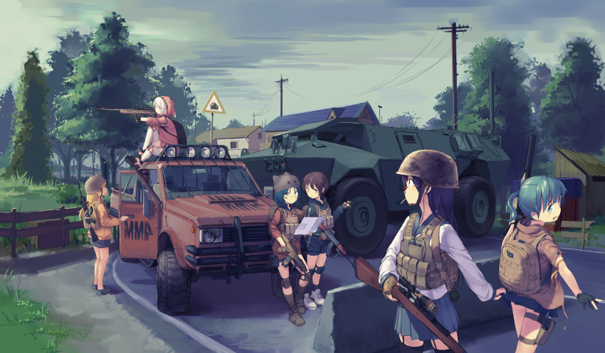 6+girls absurdres aiming ak-47 animal_hat armored_personnel_carrier armored_vehicle assault_rifle backpack bag black_eyes blonde_hair blue_hair blush bolt_action brown_hair cigarette clothes_grab cloud cloudy_sky crate denim denim_skirt earbuds earphones explosive fence fingerless_gloves foregrip garter_straps glasses gloves green_eyes green_hair grenade gun hair_ornament hairclip handgun hat helmet highres holding holster hood hoodie house kalashnikov_rifle knee_pads load_bearing_vest long_hair looking_at_another looking_back looking_to_the_side m4_carbine map military military_vehicle motor_vehicle mouth_hold multiple_girls on_vehicle open_mouth opening_door original outdoors pickup_truck pink_eyes pistol pointing ponytail pouch power_lines purple_hair rifle road road_sign roadblock school_uniform scope serafuku short_hair shorts sign sitting skirt skirt_grab skirt_tug sky smoking suppressor surprised thigh_holster thigh_pouch thighhighs tree truck utility_pole weapon weapon_request white_hair white_legwear zhongye_yu