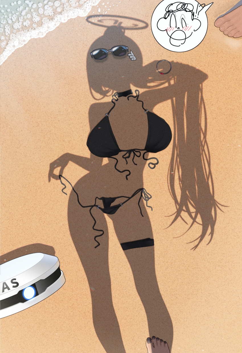 1boy 1girl absurdres barefoot beach bikini black_bikini black_nails blue_archive commentary_request doodle_sensei_(blue_archive) dressed_shadow_(meme) female_pov hair_ornament hairclip halo highres long_hair mechanical_halo meme mizikayo ponytail pov rio_(blue_archive) sand sensei_(blue_archive) shadow side-tie_bikini_bottom standing sunglass swimsuit thigh_strap toes unworn_bikini unworn_eyewear unworn_hair_ornament variant_set very_long_hair