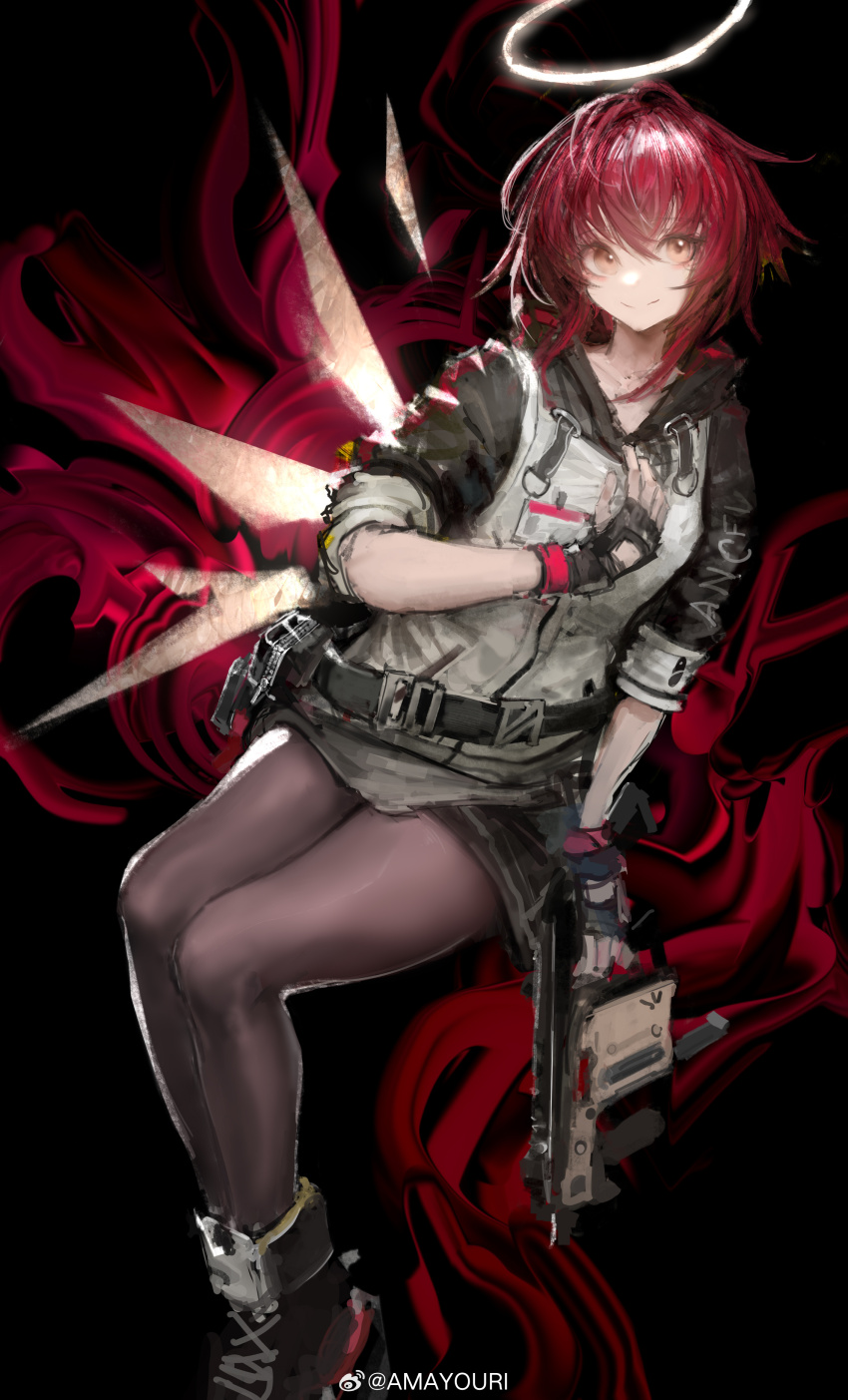 1girl absurdres amayouri arknights black_gloves black_pantyhose black_shirt black_shoes collarbone commentary detached_wings energy_wings exusiai_(arknights) feet_out_of_frame fingerless_gloves glove_cutout gloves gun hair_between_eyes halo hands_on_own_chest highres holding holding_gun holding_weapon kriss_vector looking_at_viewer medium_hair orange_eyes pantyhose pouch red_hair shirt shoes smile solo submachine_gun symbol-only_commentary traditional_halo vest weapon white_vest wings