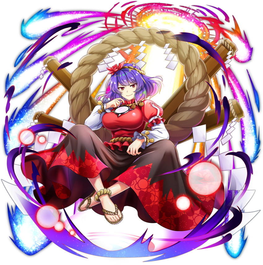 1girl black_skirt breasts feet full_body game_cg hair_ornament highres large_breasts leaf_hair_ornament long_skirt looking_at_viewer mirror official_art onbashira purple_hair red_eyes red_shirt rope rotte_(1109) sandals shimenawa shirt short_hair skirt smile solo third-party_source toes touhou touhou_lostword transparent_background white_sleeves yasaka_kanako zouri