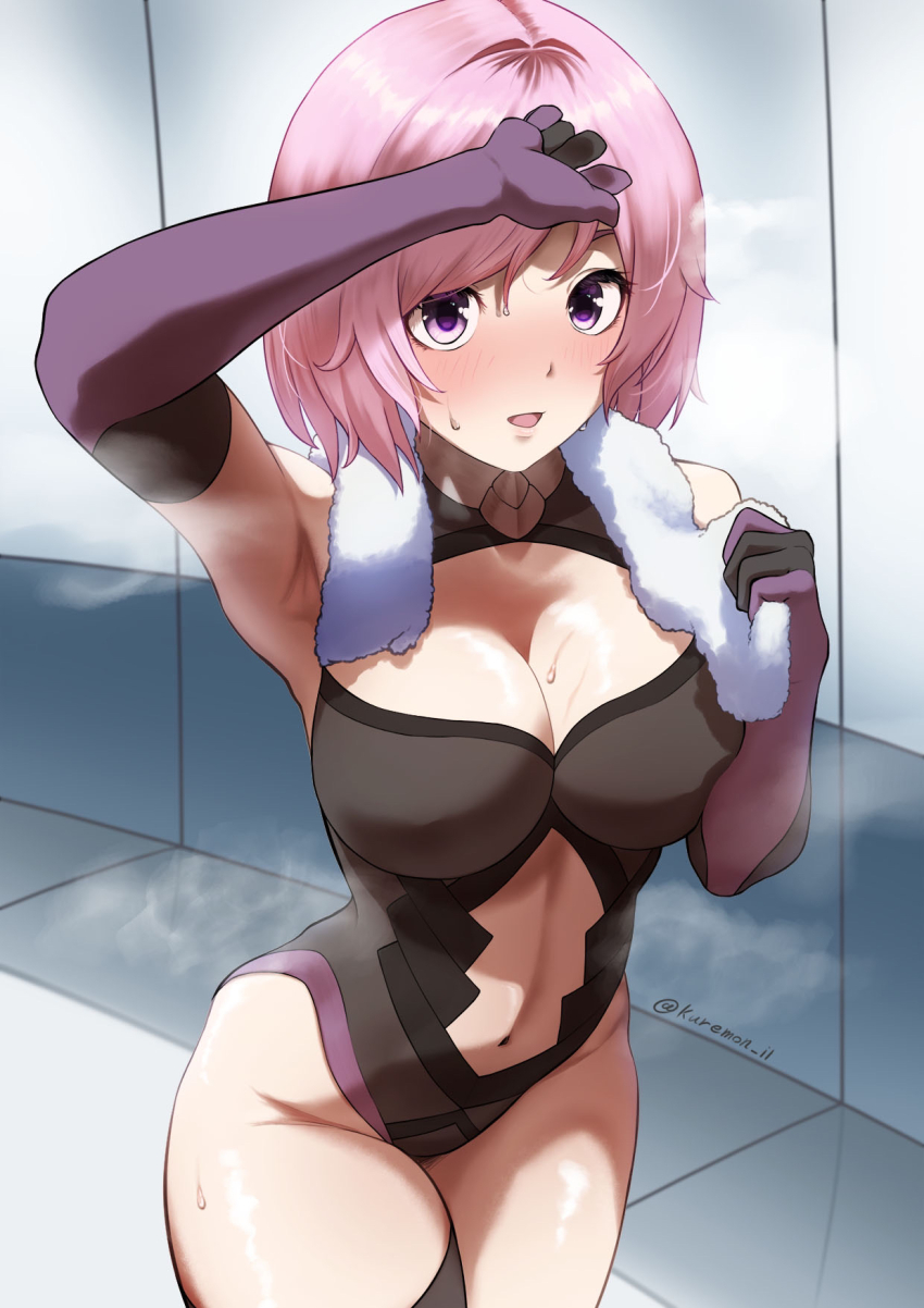 1girl armpits artist_name black_gloves black_leotard black_thighhighs blush bob_cut breasts cleavage clothing_cutout elbow_gloves fate/grand_order fate_(series) gloves highres hot indoors kuremon large_breasts leotard lips looking_at_viewer mash_kyrielight mash_kyrielight_(demi-servant) navel open_mouth pink_eyes pink_hair purple_gloves solo standing steaming_body stomach stomach_cutout sweat thighhighs thighs towel towel_around_neck twitter_username two-tone_gloves