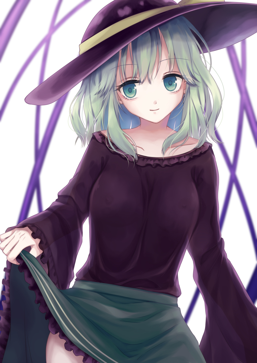 1girl absurdres closed_mouth clothes_lift collarbone covered_erect_nipples female_focus frilled_skirt frilled_sleeves frills green_eyes green_hair green_skirt hat hat_ribbon highres komeiji_koishi lifting_own_clothes long_hair long_sleeves looking_to_the_side miniskirt purple_hat purple_shirt ribbon rnkgmn shirt skirt skirt_lift smile solo standing touhou white_background wide_sleeves yellow_ribbon