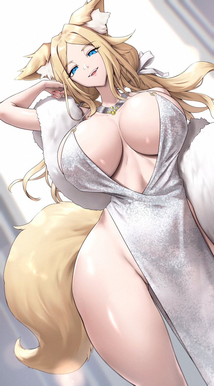 1girl absurdres animal_ear_fluff animal_ears blonde_hair blue_eyes breasts character_request commission copyright_request dress evening_gown feather_boa grey_dress hair_ribbon highres large_breasts long_hair no_panties open_mouth pink_nails ribbon shiroshisu skeb_commission solo tail white_ribbon
