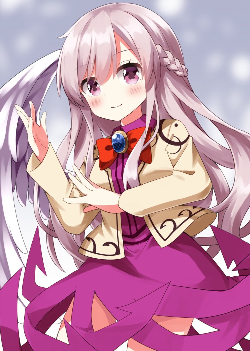 1girl blue_background blush bow bowtie closed_mouth commentary cowboy_shot dress feathered_wings grey_hair hand_up highres jacket kishin_sagume long_hair long_sleeves looking_at_viewer open_clothes open_jacket pink_dress pink_eyes red_bow red_bowtie ruu_(tksymkw) single_wing smile solo touhou wings yellow_jacket