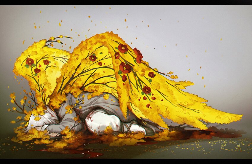 1girl bleeding blood blood_in_hair blood_on_clothes branch camellia coat dongbaek_(project_moon) e.g.o_(project_moon) falling_petals flaw_eight flower flower_wings grey_coat limbus_company long_sleeves lying on_stomach pants petals plant_wings project_moon red_flower short_hair solo spicebush_(e.g.o) spoilers white_hair white_pants wings yellow_flower yellow_wings
