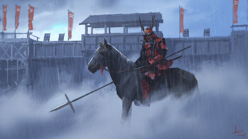1boy armor banner castle cloud cloudy_sky crest day dou family_crest fog gauntlets greaves helmet highres holding holding_reins holding_weapon horse horseback_riding japanese_armor ling_xiang male_focus original outdoors palisade polearm rain reins riding saddle signature sky solo weapon