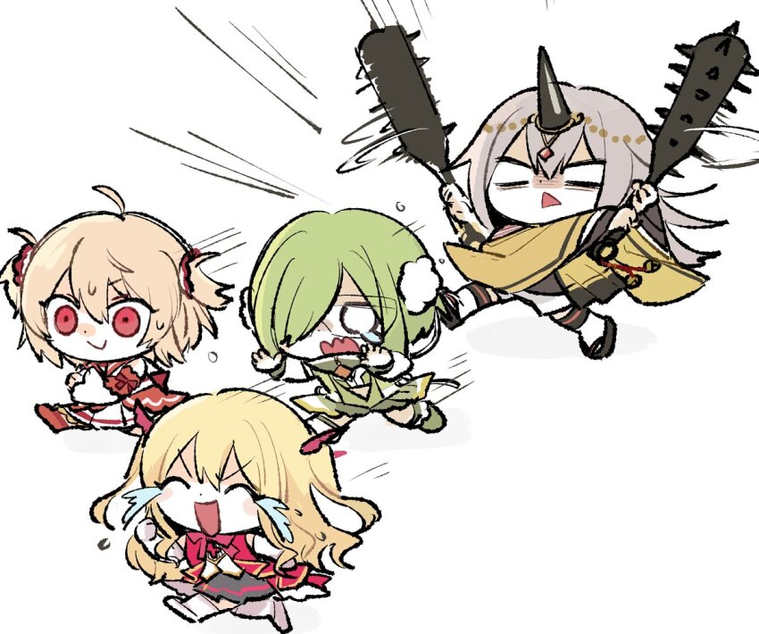 4girls :d ahoge ami_ria ayano_rika bell black_horns blank_eyes blonde_hair bow bowtie boyano chibi closed_eyes club club_(weapon) coat crying detached_sleeves dress fleeing green_footwear green_hoodie green_scarf grey_hair grey_skirt hair_between_eyes hair_over_one_eye holding holding_weapon hood hoodie horns japanese_clothes jingle_bell kanabou kimono kureha_yuna long_hair long_sleeves magia_record:_mahou_shoujo_madoka_magica_gaiden magical_girl mahou_shoujo_madoka_magica miniskirt miyabi_shigure multiple_girls nervous_smile okobo one_eye_covered open_mouth pink_bow pink_bowtie pink_coat platform_sandals red_dress red_eyes red_footwear running sailor_dress sandals scared scarf short_hair simple_background single_horn skirt sleeveless sleeveless_coat smile socks sweat two_side_up very_long_hair weapon white_background white_footwear white_socks yellow_kimono