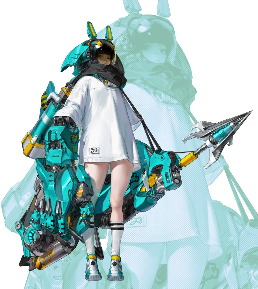 1girl absurdres angso animal_ears black_hair blunt_bangs brown_hair fake_animal_ears full_body gauntlets helmet highres holding holding_polearm holding_weapon hood kneehighs looking_at_viewer mecha_musume mechanical_arms mechanical_ears mechanical_hands original oversized_clothes oversized_shirt polearm scarf science_fiction shirt shoes short_hair single_mechanical_arm sneakers socks solo standing weapon white_shirt white_socks zoom_layer