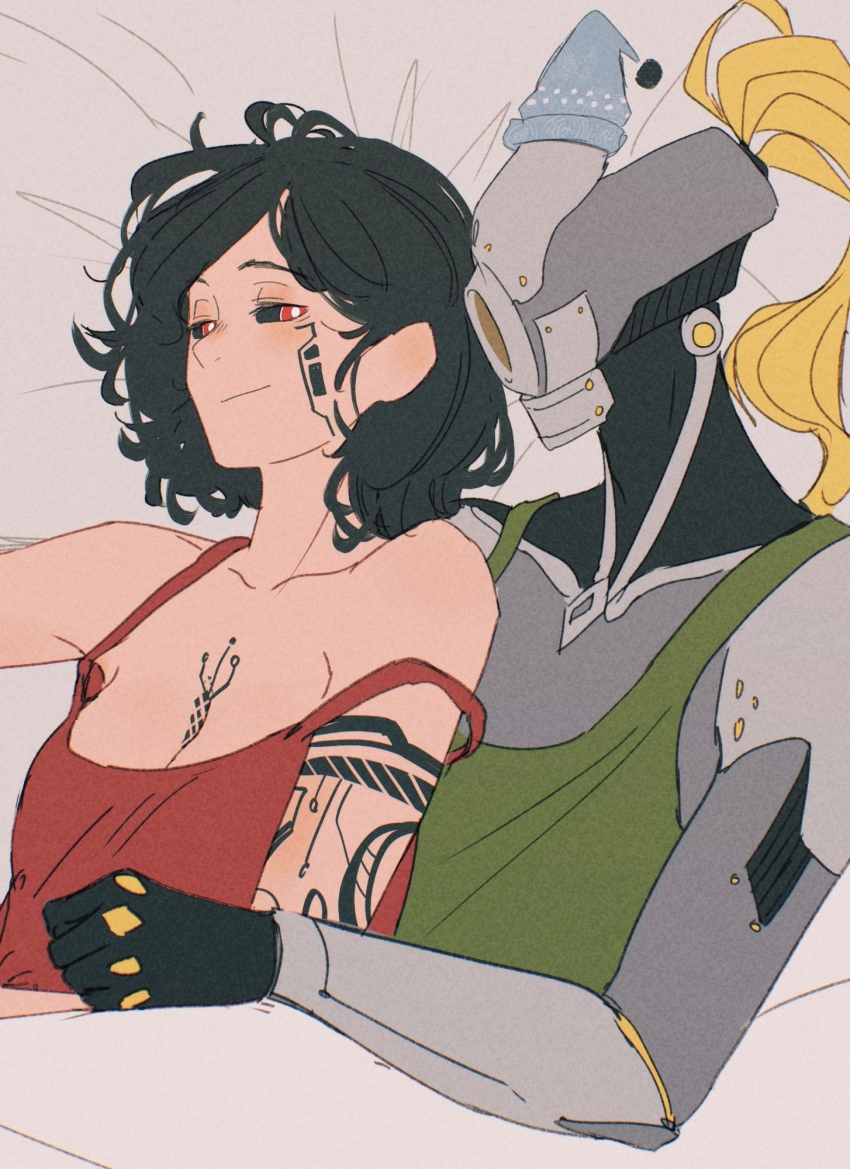 1girl 1other arm_tattoo bed bed_sheet black_hair blonde_hair breasts chest_tattoo couple cuddling enoch_(spindle_(aidenr0)) facial_tattoo hat highres nightcap on_bed original other_with_female red_eyes robot small_breasts spindle_(aidenr0) tattoo tether_(spindle_(aidenr0))