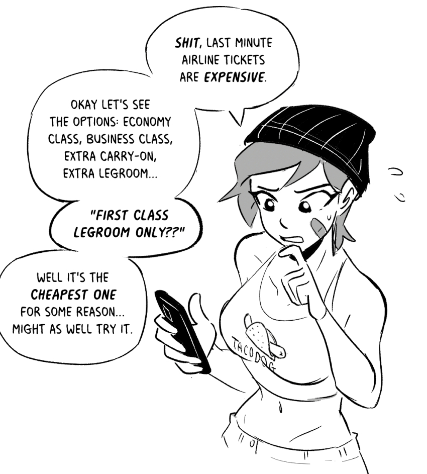 1girl bandaid bandaid_on_cheek bandaid_on_face bare_shoulders collarbone crop_top english_text flying_sweatdrops greyscale hat highres holding holding_phone monochrome navel ollie_(spicymancer) original pants phone short_hair solo speech_bubble spicymancer stomach sweatdrop