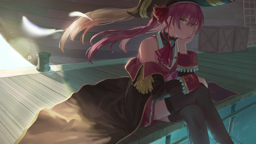 1girl absurdres bare_shoulders black_choker black_hat black_jacket black_thighhighs choker closed_mouth crossed_legs frilled_choker frills hair_between_eyes hair_ribbon hand_on_own_cheek hand_on_own_face hat heterochromia highres hololive houshou_marine jacket jacket_partially_removed long_hair looking_at_viewer pirate pirate_hat red_eyes red_ribbon red_skirt red_vest ribbon sidelocks sitting skirt solo tadanotarosuke thighhighs twintails vest virtual_youtuber yellow_eyes zettai_ryouiki