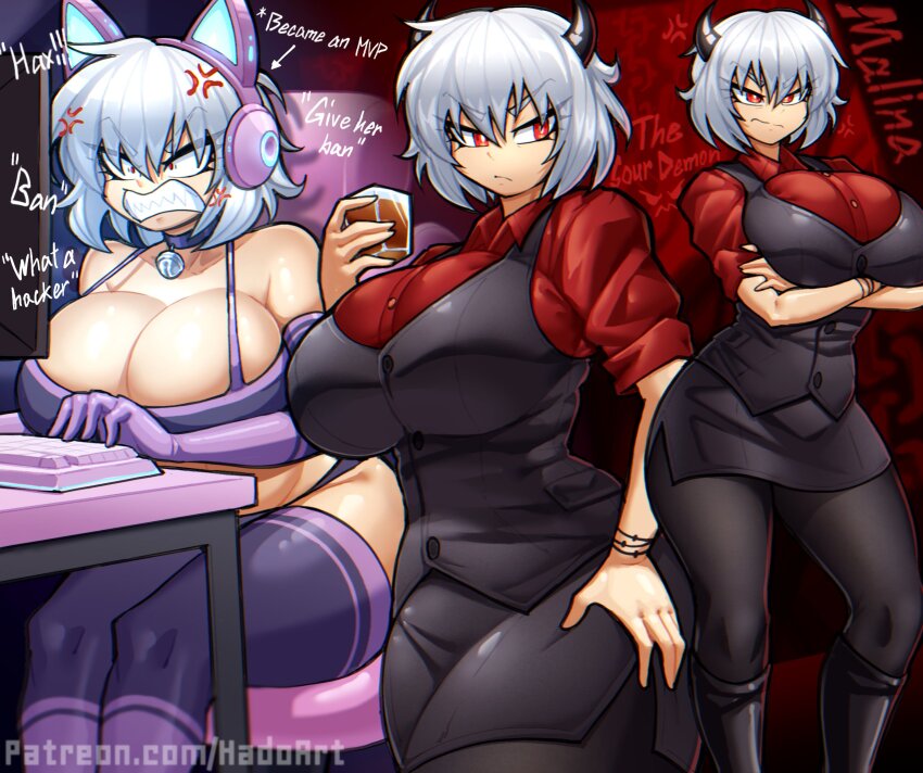 1girl angry animal_ear_headphones animal_ears annoyed black_skirt black_vest breasts cat_ear_headphones collar cup demon demon_girl demon_horns english_text fake_animal_ears hado_(zzzhadozzz) hand_on_own_hip headphones helltaker highres holding holding_cup horns huge_breasts malina_(helltaker) playing red_eyes red_shirt shirt sitting skirt thighhighs thighs vest white_hair