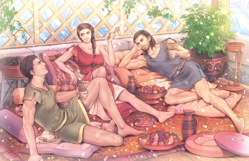 1girl 2boys alexios_(assassin&#039;s_creed) apple assassin&#039;s_creed:_odyssey assassin&#039;s_creed_(series) bare_arms bare_legs bare_shoulders barefoot beard_stubble belt blue_tunic bowl braid breasts brother_and_sister carpet character_request check_character coal commentary_request crown_braid cushion dress facial_hair food fruit grapes green_tunic hair_bun hair_over_shoulder half_updo happy head_rest holding holding_knife indoors kassandra_of_sparta kiske knee_up knife leaning_forward long_hair lying medium_breasts multi-tied_hair multiple_boys multiple_braids multiple_scars mustache_stubble on_side pear petals pillow plant pomegranate potted_plant profile rattail red_dress relaxing reverse_grip sash scar scar_on_arm short_hair siblings side_ponytail sideways_glance single_hair_bun sitting skewer smile smirk stentor_(assassin&#039;s_creed) stubble toned toned_male tunic vase vines