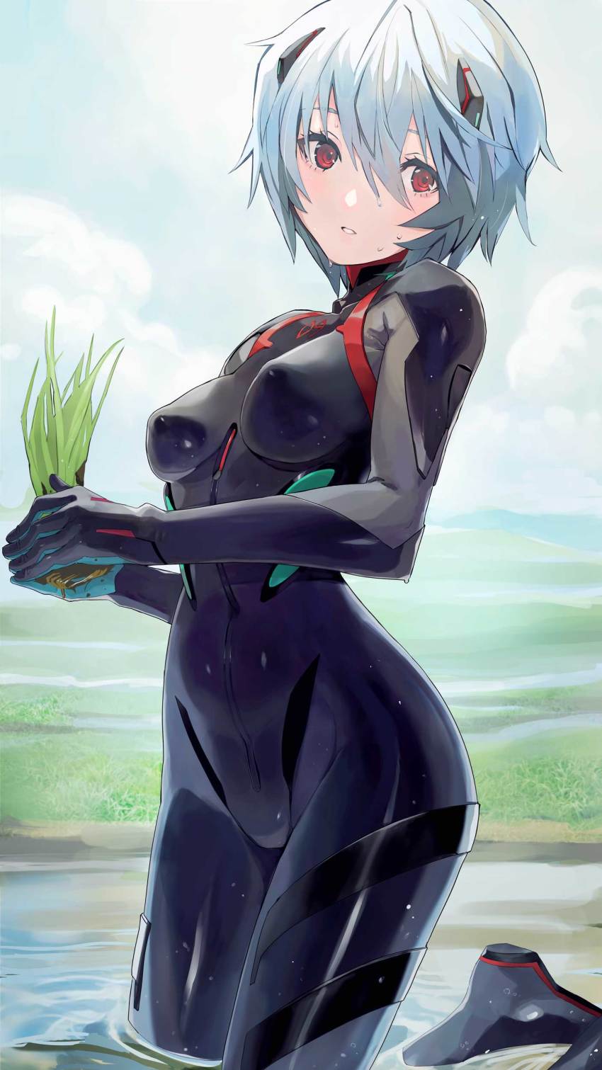 1girl absurdres ayanami_rei black_bodysuit blue_hair bodysuit breasts covered_erect_nipples evangelion:_3.0+1.0_thrice_upon_a_time eyebrows_hidden_by_hair field grass highres holding holding_plant interface_headset_(evangelion) mecha_pilot_suit medium_breasts multicolored_bodysuit neon_genesis_evangelion plant plugsuit_(evangelion) rebuild_of_evangelion red_eyes rice_planting rural short_hair skin_tight solo sweat taishi_(picchiridou) water wheat