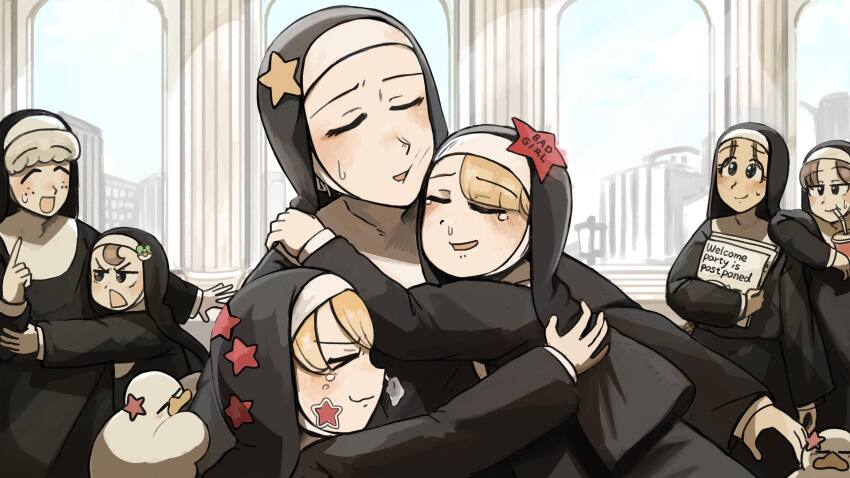 6+girls :d bird blonde_hair blue_eyes brown_eyes brown_hair chicken closed_eyes clumsy_nun_(diva) commentary diva_(hyxpk) drinking_straw drinking_straw_in_mouth duck english_commentary eyelashes freckles froggy_nun_(diva) grey_hair highres hug hungry_nun_(diva) little_nuns_(diva) multiple_girls nun open_mouth red_star sheep_nun_(diva) smile spicy_nun_(diva) star_(symbol) star_nun_(diva) star_ornament traditional_nun triangle_mouth