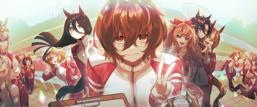 6+girls absurdres agnes_digital_(umamusume) air_shakur_(umamusume) animal_ears bow brown_hair character_request closed_eyes closed_mouth collared_jacket ear_tag english_text fine_motion_(umamusume) fisheye floating_hair hair_between_eyes hair_bow hair_ornament hairclip hand_on_own_hip hand_up highres horse_ears horse_girl horse_tail jacket long_hair long_hair_between_eyes looking_at_viewer manhattan_cafe_(umamusume) mujintou_png multicolored_hair multiple_girls on_ground open_mouth outdoors pants pink_hair red_bow red_eyes red_jacket red_pants running_track short_hair sitting smile tail track_jacket track_pants twintails umamusume v very_long_hair white_hair wolf_cut yellow_eyes