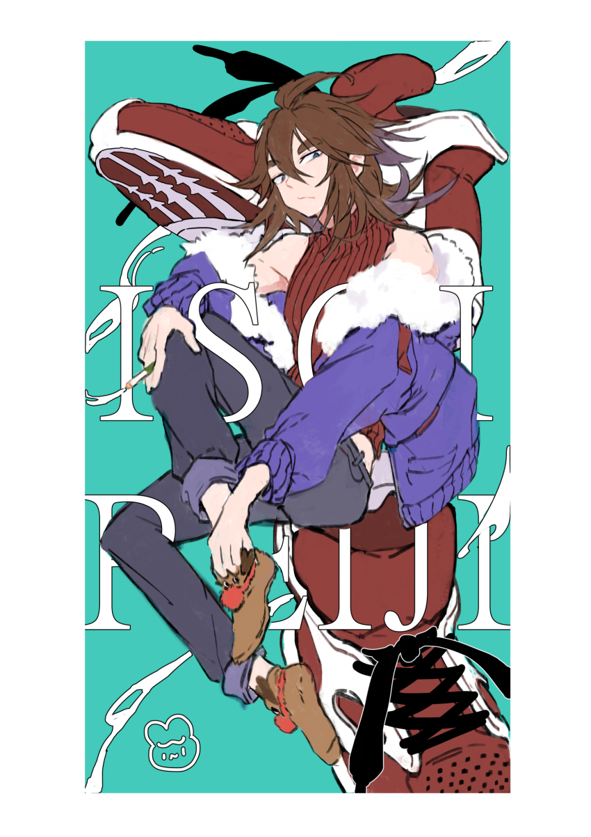 1boy absurdres adapted_costume ahoge alternate_eye_color aqua_background black_pants blue_eyes blue_jacket brown_hair brown_shoes character_name fur-trimmed_jacket fur_trim hair_between_eyes highres invisible_chair isoi_reiji jacket jacket_partially_removed male_focus medium_hair meniusa_lau pants red_sweater ribbed_sweater saibou_shinkyoku shoes sitting sleeveless sleeveless_sweater sleeveless_turtleneck sneakers solo sweater turtleneck